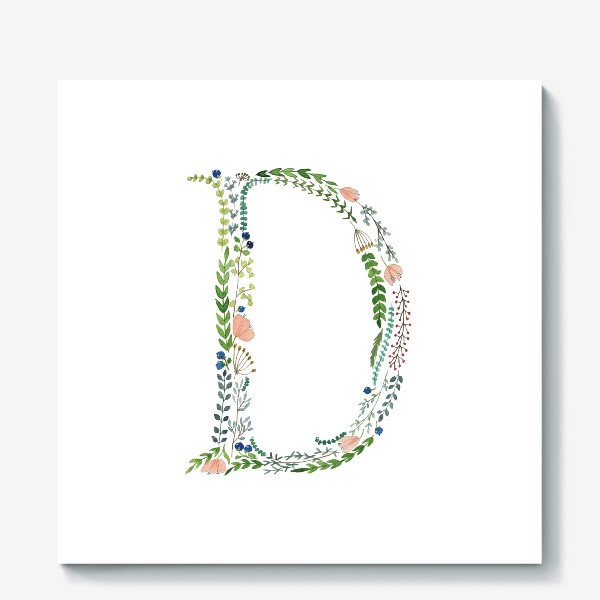 Холст «Буква D из веточек, листиков, ягод и цветов.»