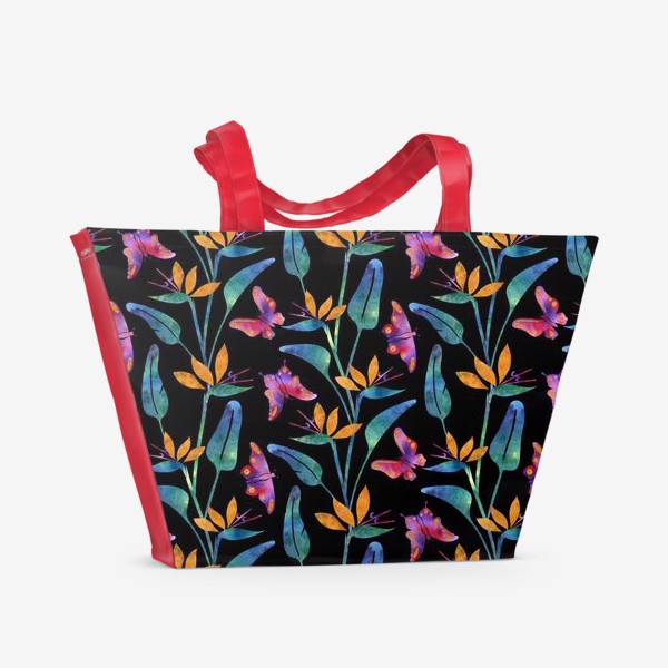 Пляжная сумка &laquo;Тропический паттерн, стрелиции и бабочки на черном&raquo;