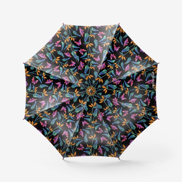 Зонт «Тропический паттерн, стрелиции и бабочки на черном»