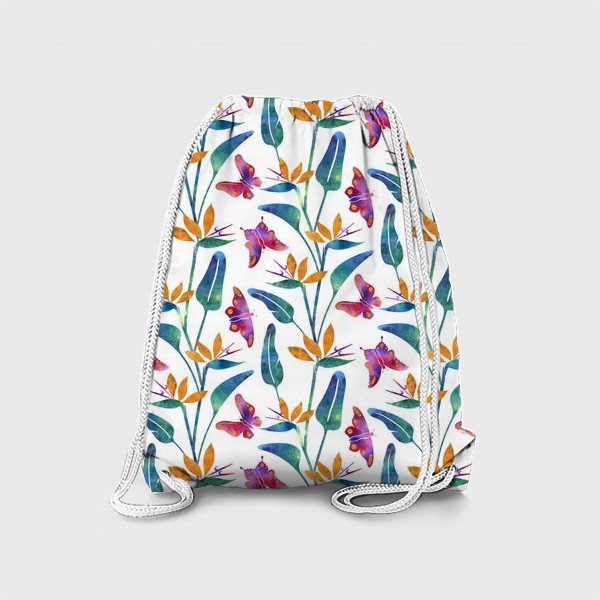 Рюкзак «Тропический паттерн, стрелиции и бабочки на белом»