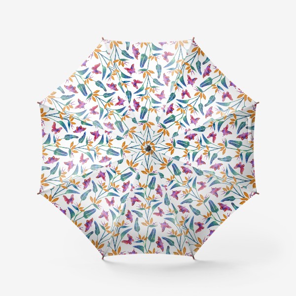 Зонт «Тропический паттерн, стрелиции и бабочки на белом»