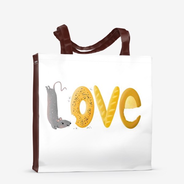 Сумка-шоппер «Забавная надпись "love" с мышкой и булочками. Мышь. Любовь. Прикол. Ватрушка. Love»