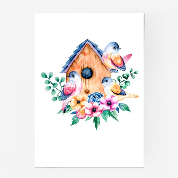 Постер «Акварельные птицы и пионы. Весна»