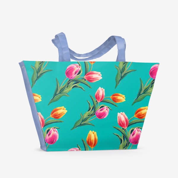 Пляжная сумка «Акварельные тюльпаны на изумрудном фоне»