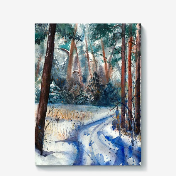 Холст «Акварельный пейзаж, зимняя дорога в сосновом лесу »