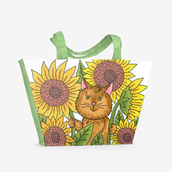 Пляжная сумка «Милый кот и подсолнухи»