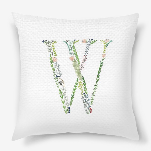 Подушка «Буква W из веточек, листиков, ягод и цветов.»