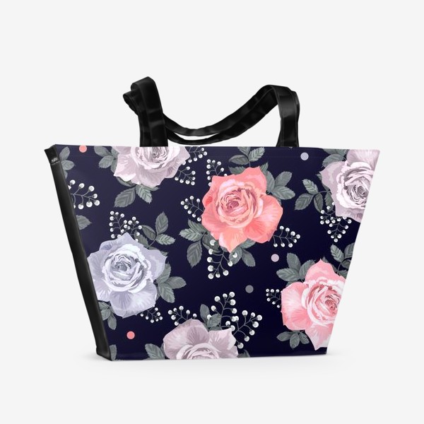 Пляжная сумка «Розовые и серые розы на темном»