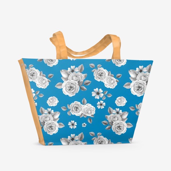Пляжная сумка «Серые розы на голубом»