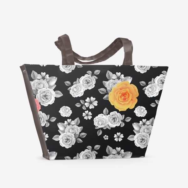 Пляжная сумка &laquo;Серые,желтые и красные акварельные розы на темном&raquo;
