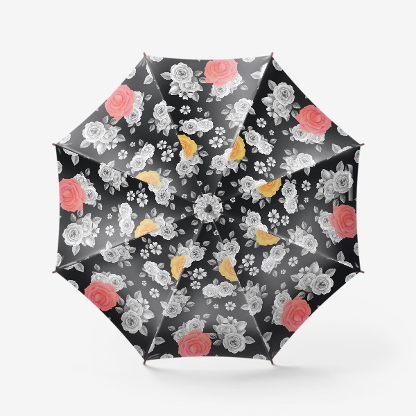Зонт «Серые,желтые и красные акварельные розы на темном»