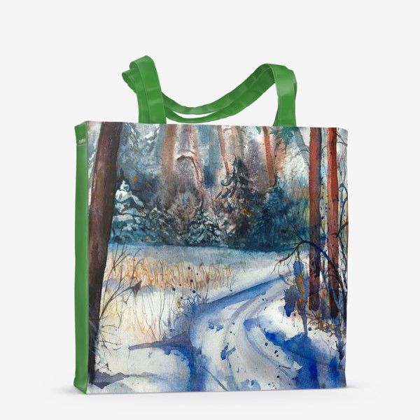 Сумка-шоппер &laquo;Акварельный пейзаж, зимняя дорога в сосновом лесу &raquo;