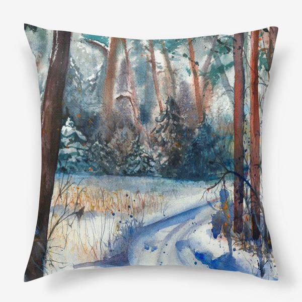Подушка «Акварельный пейзаж, зимняя дорога в сосновом лесу »