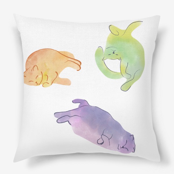 Подушка «Оранжевый кот, фиолетовый кот, зелёный кот; акварель»