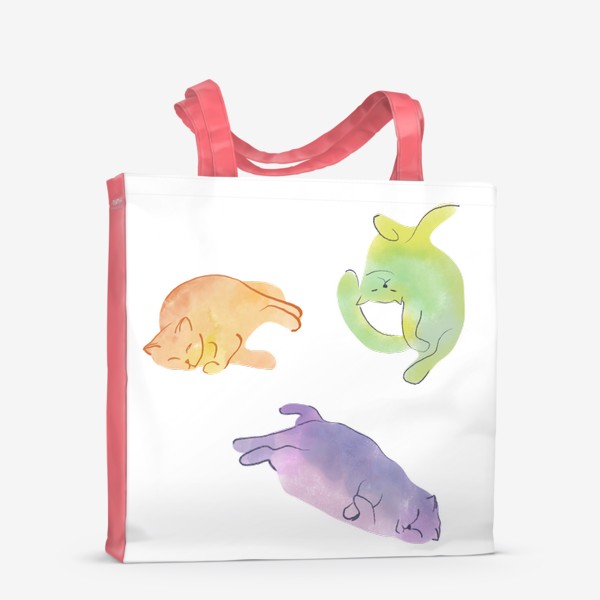 Сумка-шоппер «Оранжевый кот, фиолетовый кот, зелёный кот; акварель»
