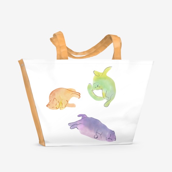 Пляжная сумка «Оранжевый кот, фиолетовый кот, зелёный кот; акварель»