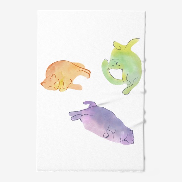Полотенце &laquo;Оранжевый кот, фиолетовый кот, зелёный кот; акварель&raquo;