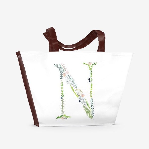 Пляжная сумка «Буква N из веточек, листиков, ягод и цветов.»