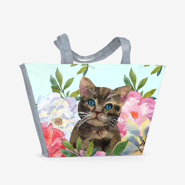 Пляжная сумка «цветы и кошечка»