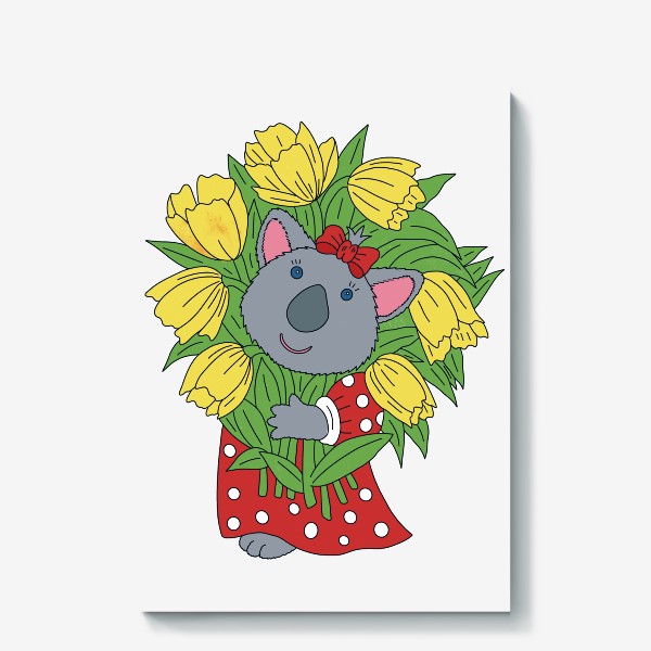 Холст «Милая коала с букетом тюльпанов»