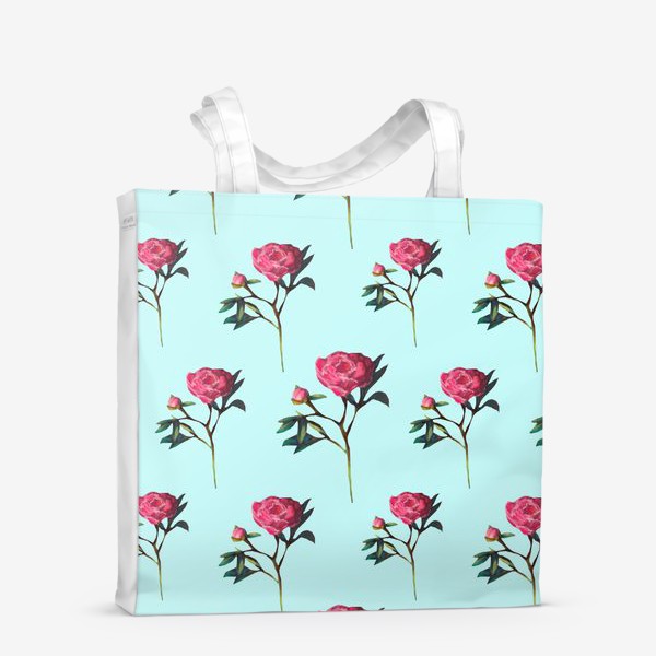 Сумка-шоппер «Розовые пионы на голубом фоне 8 марта Весенние цветы Пастель и акварель»