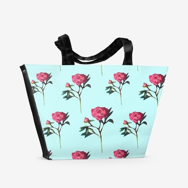 Пляжная сумка &laquo;Розовые пионы на голубом фоне 8 марта Весенние цветы Пастель и акварель&raquo;