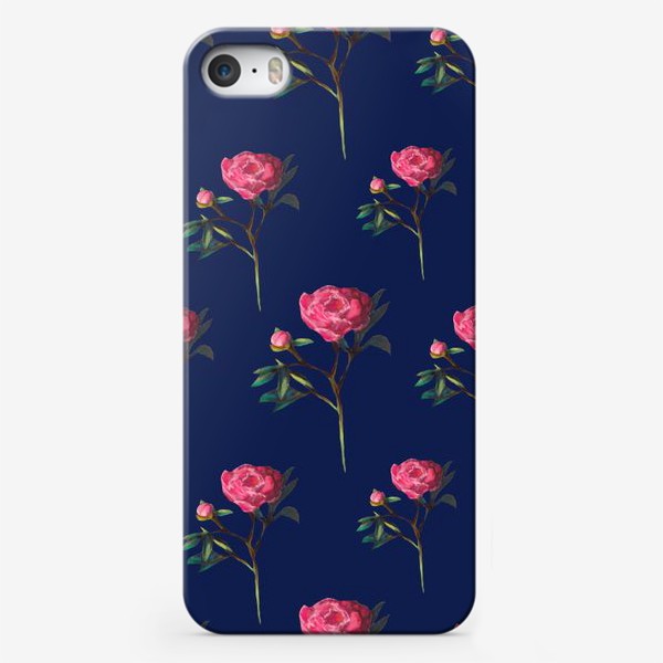 Чехол iPhone «Розовые пионы на синем фоне Цветочный принт Узор на 8 марта Пастель»