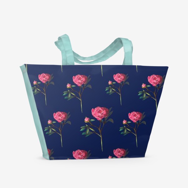 Пляжная сумка &laquo;Розовые пионы на синем фоне Цветочный принт Узор на 8 марта Пастель&raquo;