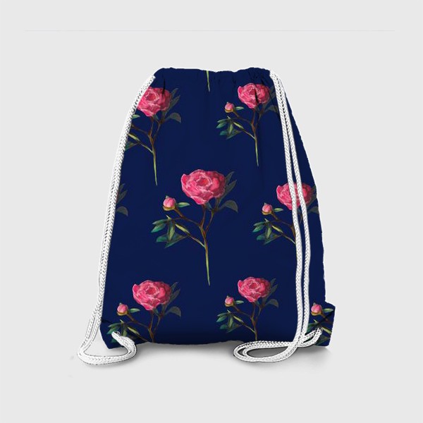 Рюкзак «Розовые пионы на синем фоне Цветочный принт Узор на 8 марта Пастель»