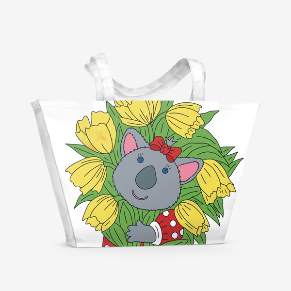 Пляжная сумка &laquo;Милая коала с букетом тюльпанов&raquo;