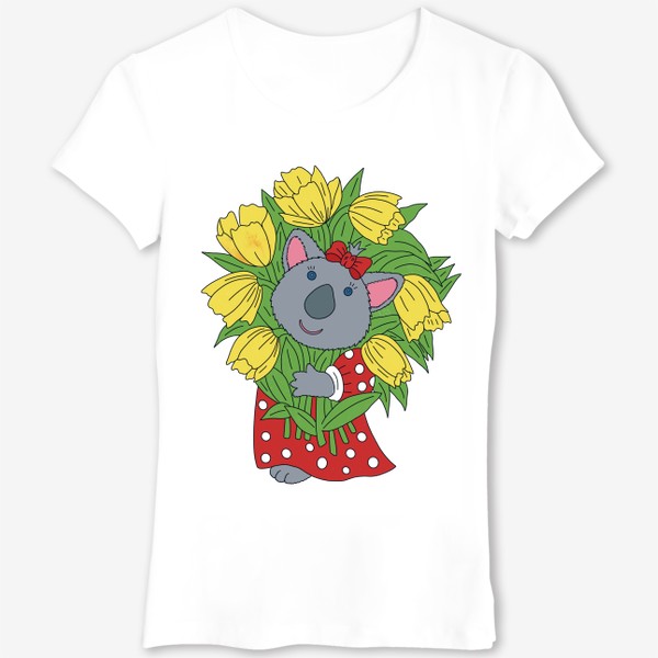 Футболка «Милая коала с букетом тюльпанов»