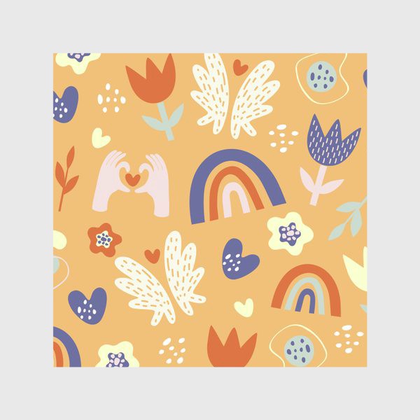 Скатерть «паттерн радуга и цветы в стиле дудл на оранжевом фоне»