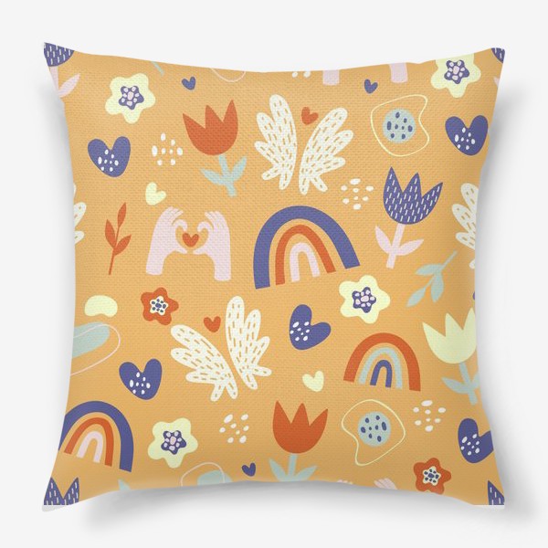 Подушка «паттерн радуга и цветы в стиле дудл на оранжевом фоне»