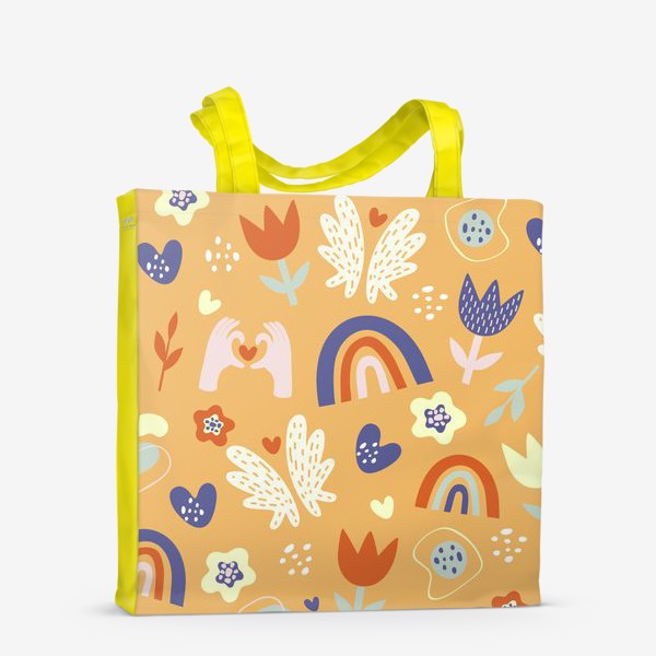 Сумка-шоппер «паттерн радуга и цветы в стиле дудл на оранжевом фоне»