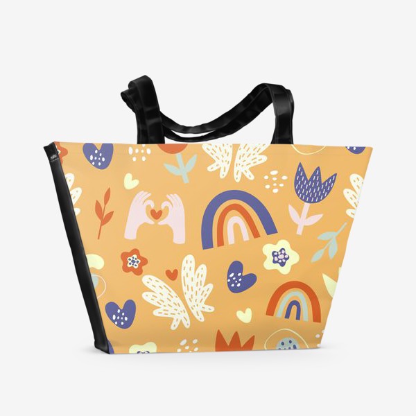 Пляжная сумка «паттерн радуга и цветы в стиле дудл на оранжевом фоне»
