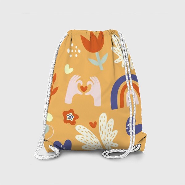 Рюкзак «паттерн радуга и цветы в стиле дудл на оранжевом фоне»