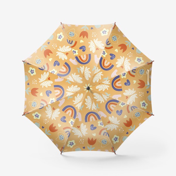 Зонт «паттерн радуга и цветы в стиле дудл на оранжевом фоне»