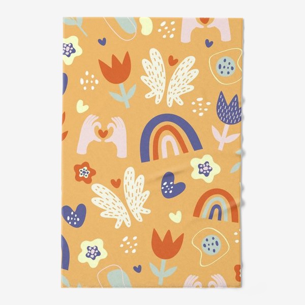 Полотенце «паттерн радуга и цветы в стиле дудл на оранжевом фоне»