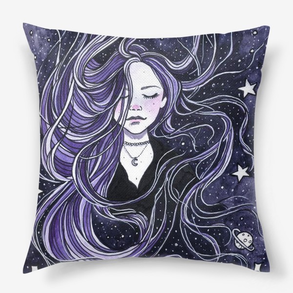 Подушка «"Спокойствие" акварельная иллюстрация. Девушка с фиолетовыми волосами»