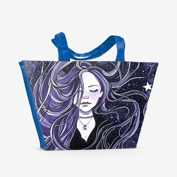 Пляжная сумка «"Спокойствие" акварельная иллюстрация. Девушка с фиолетовыми волосами»