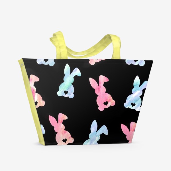 Пляжная сумка «Акварельный паттерн "Кролик". Пасхальный кролик. Черный фон»