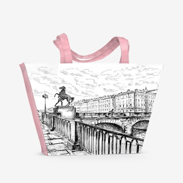 Пляжная сумка « Аничков мост с конями, Санкт-Петербург. Графика»