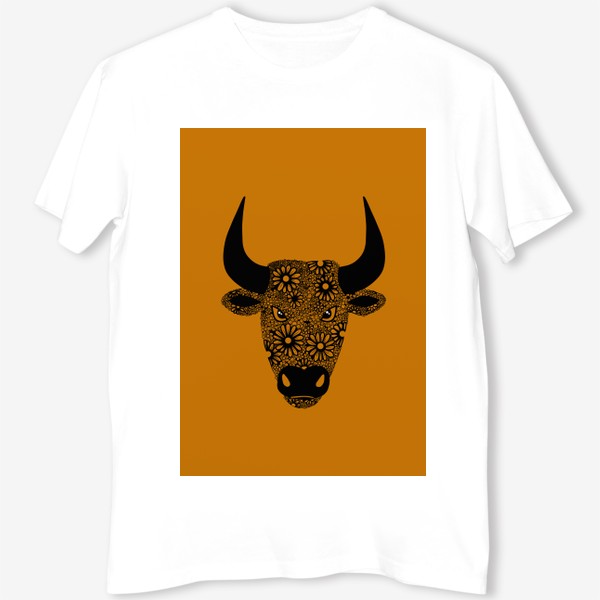 Футболка «Символ года - черный бык из цветов на оранжевом фоне»