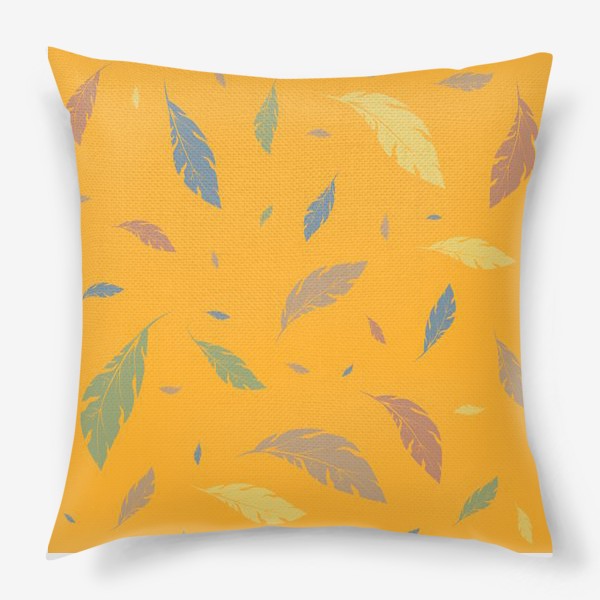 Подушка «листья и перья на оранжевом»
