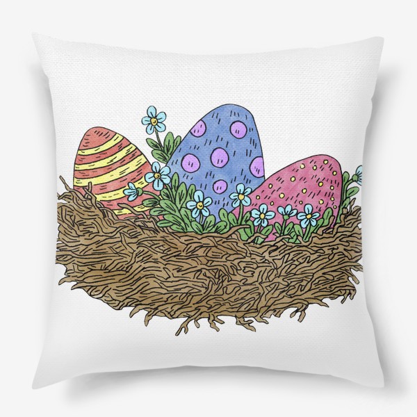 Подушка «Пасха: композиция с яйцами и цветами в гнезде»