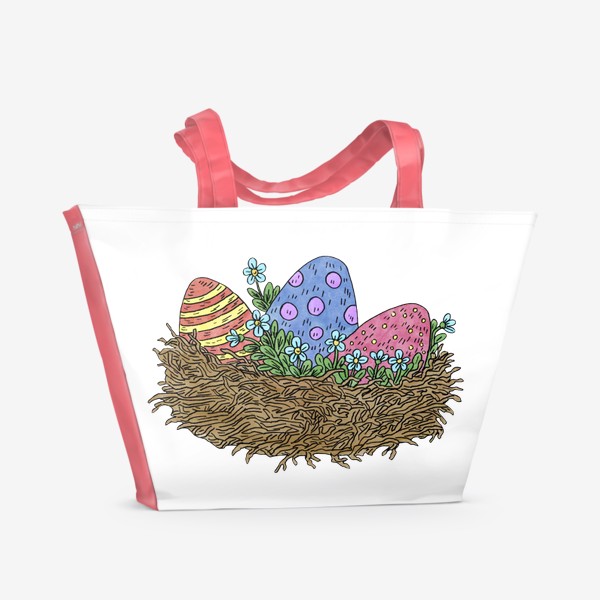 Пляжная сумка &laquo;Пасха: композиция с яйцами и цветами в гнезде&raquo;