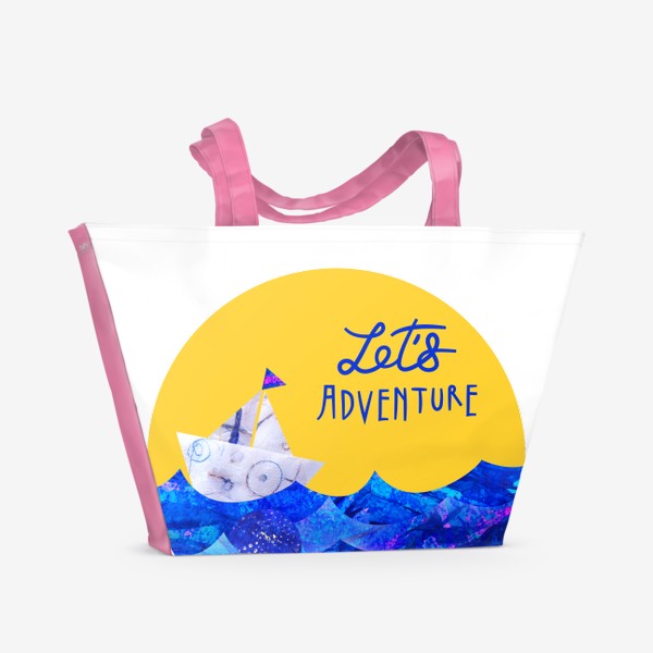 Пляжная сумка «"Поприключаемся!" Let`s Adventure! Море, лодка, изумительный желтый фон: авторская живопись.»