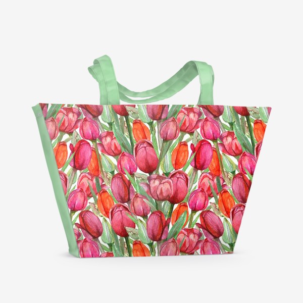 Пляжная сумка «Акварельные тюльпаны, весенние цветы к 8 марта, на белом фоне»