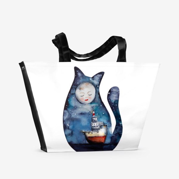 Пляжная сумка «Кот. Ночь. Луна. Акварель»