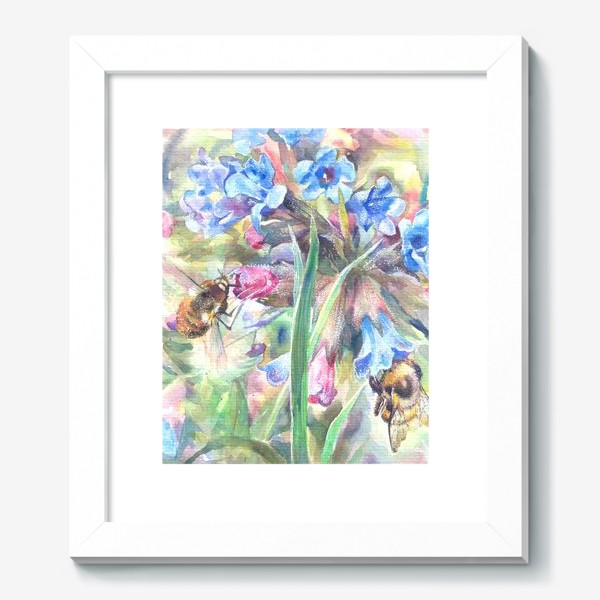 Картина «Цветы медуницы, шмель, весна»